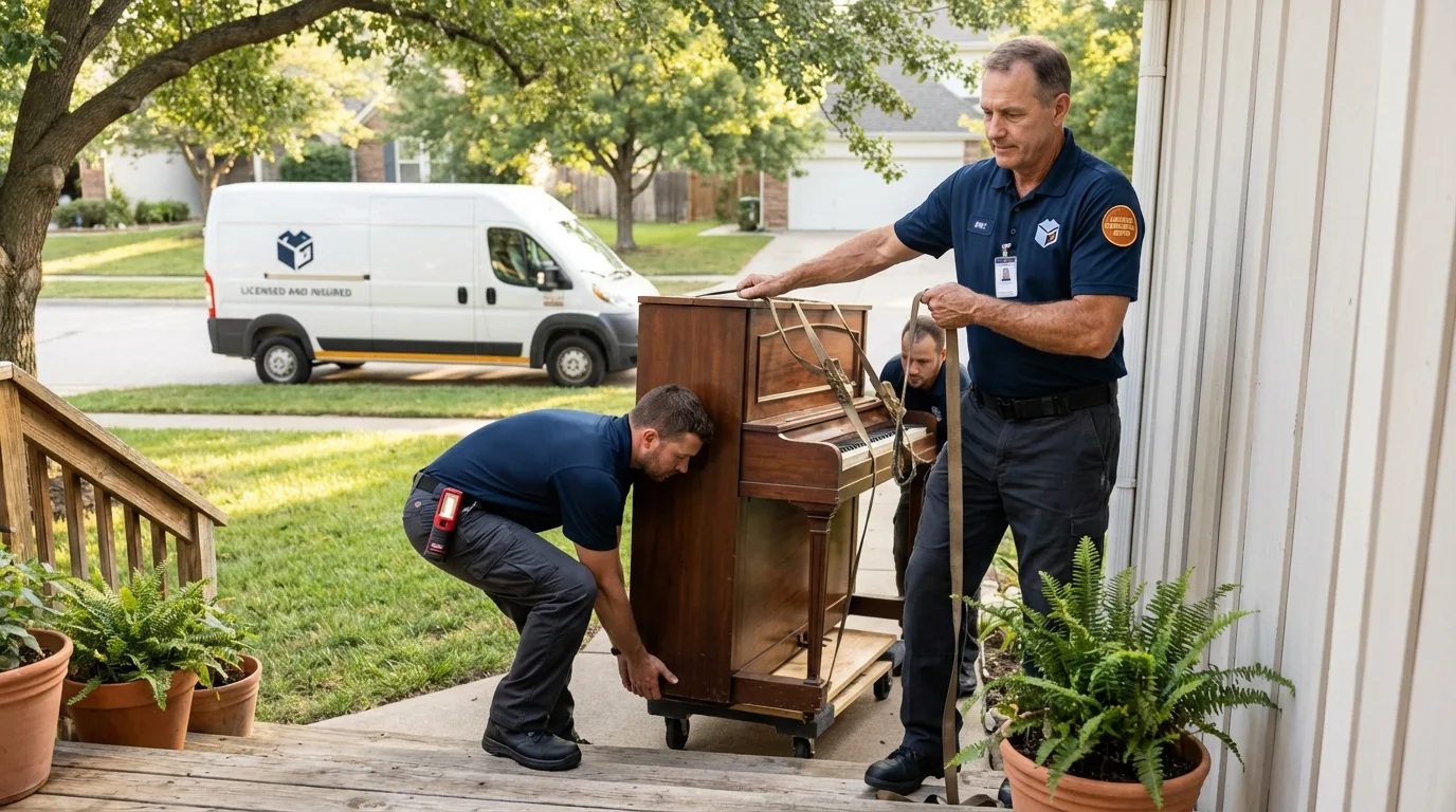 Licensed piano movers securing grand piano in Salem, OH