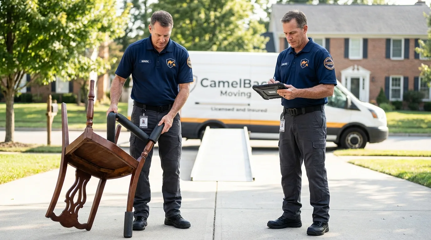 Movers inspecting furniture for damage prevention before loading in Salem, OH